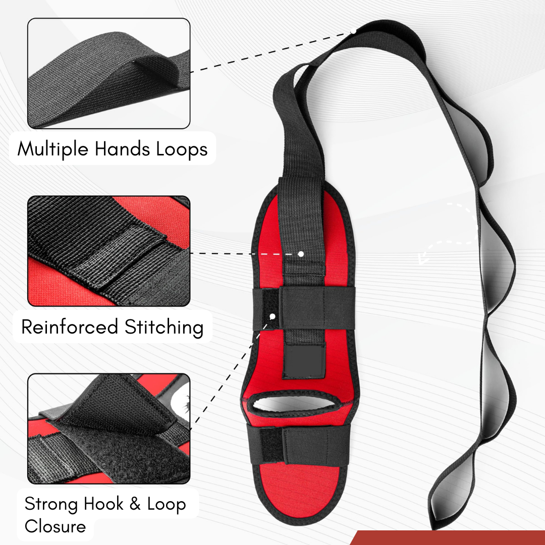 Non-elastic band with loops: relieves stress and pain, improves flexibility and posture.