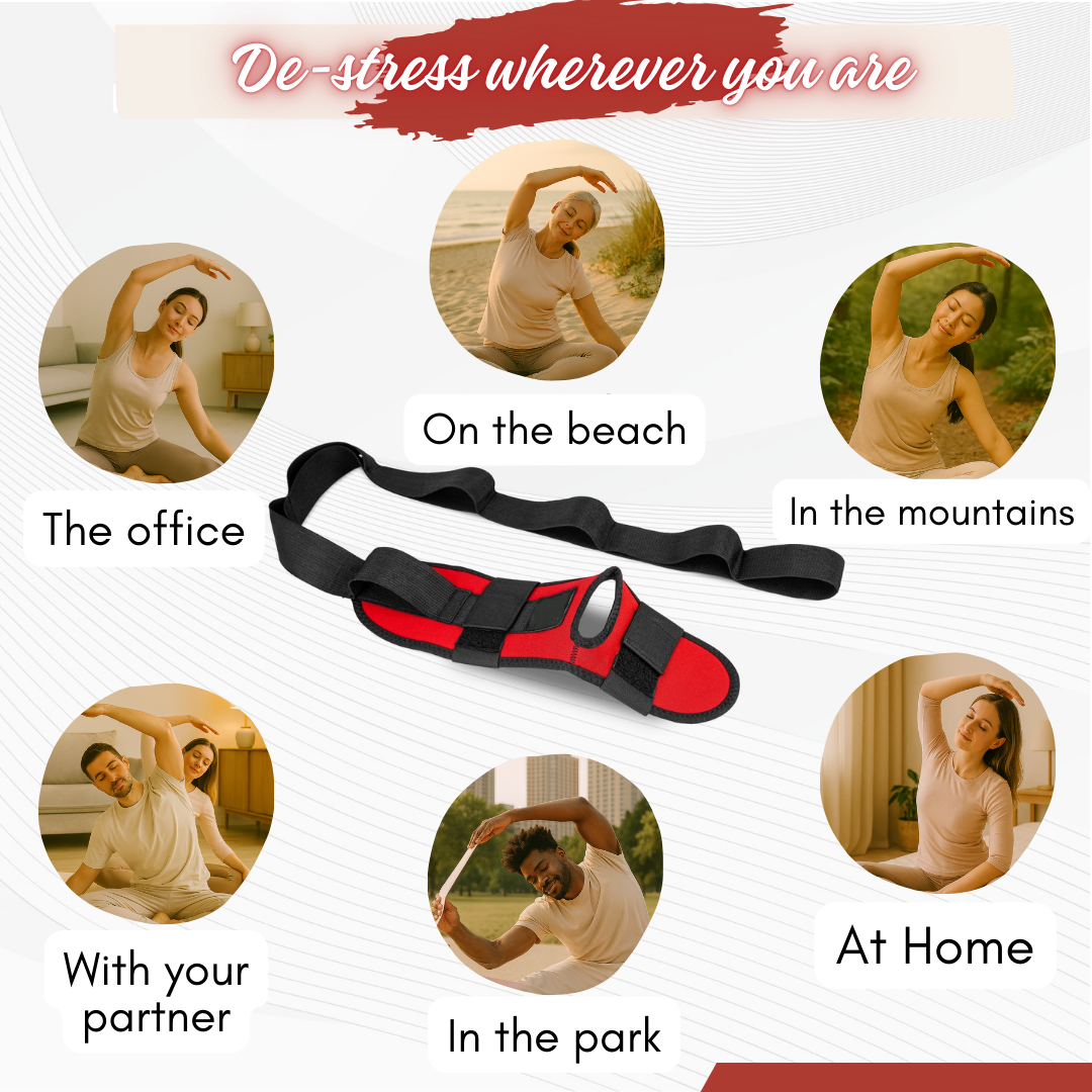 Non-elastic band with loops: relieves stress and pain, improves flexibility and posture.